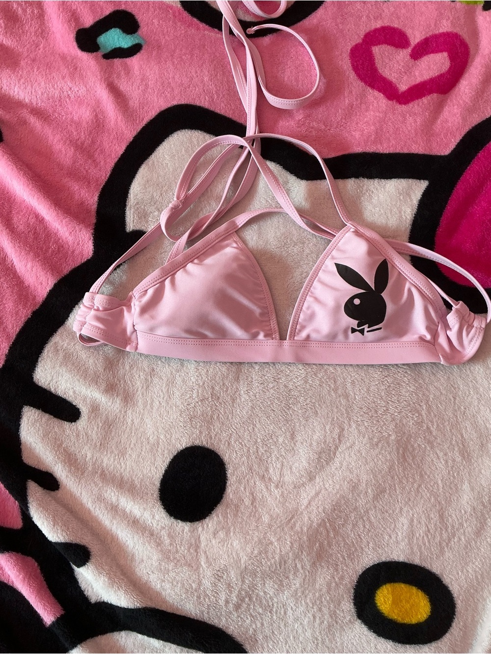 PLAYBOY Pink Triangle Bikini top with wrap around tie and Black Bunny Logo